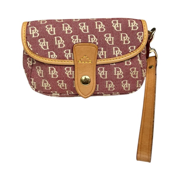 Dooney & Bourke Handbags - Dooney & Bourke DB Monogram Wristlet Pouch Burgundy Canvas Leather Trim